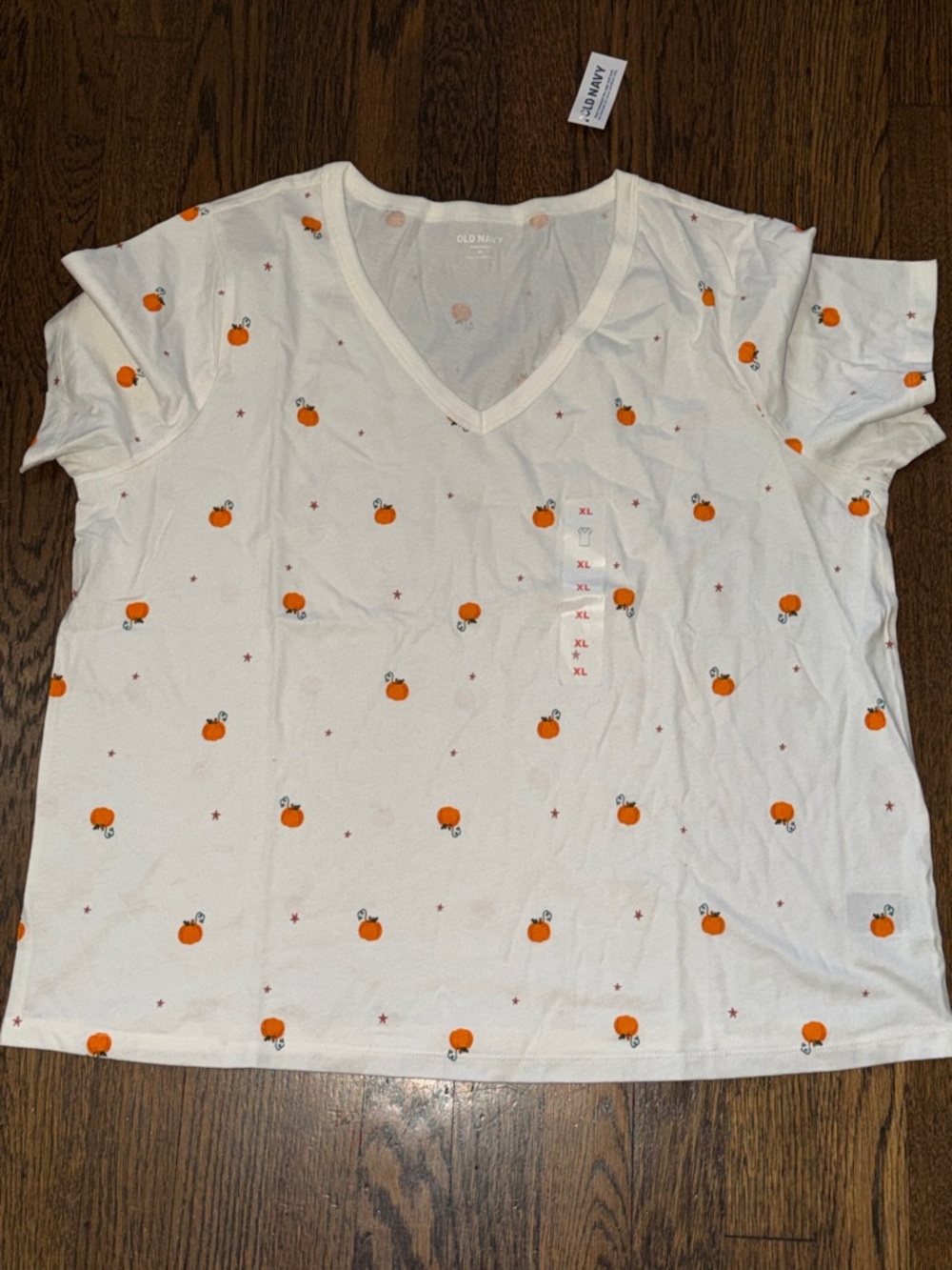 Old Navy White V-Neck Tee with Orange Pumpkin Print